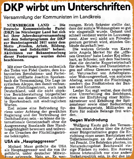 Ausriss: Pegnitzzeitung berichtet über Jahresabschlußfeier 2016 der DKP Nürnberg Land